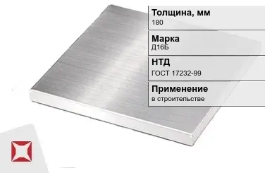 Дюралевая плита 180 мм Д16Б ГОСТ 17232-99  в Актобе